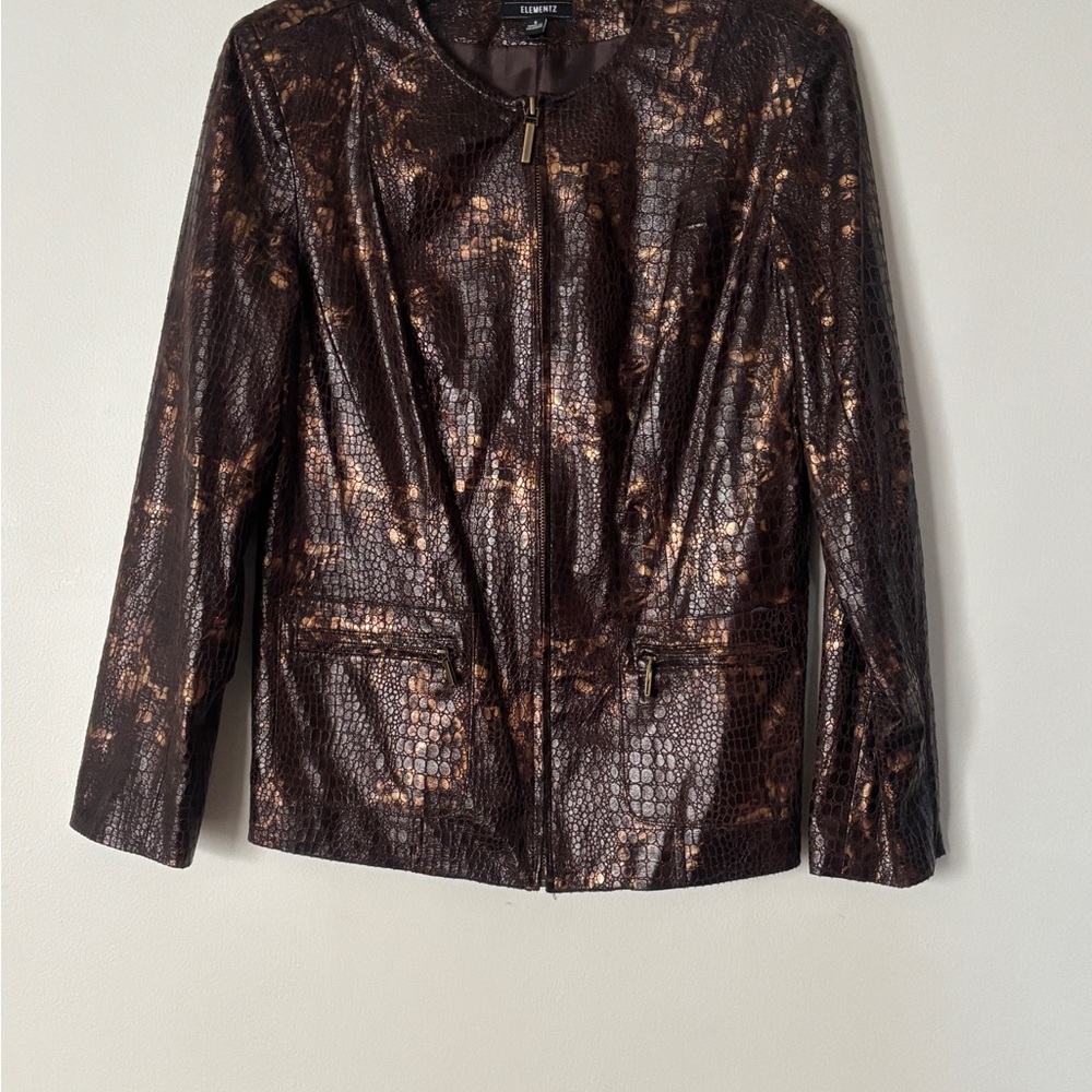 Elementz Brown Metallic Textured Zip-Front Jacket